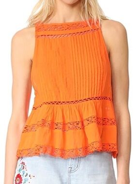 Free People Bright Orange Crochet-Trim Swing Cami